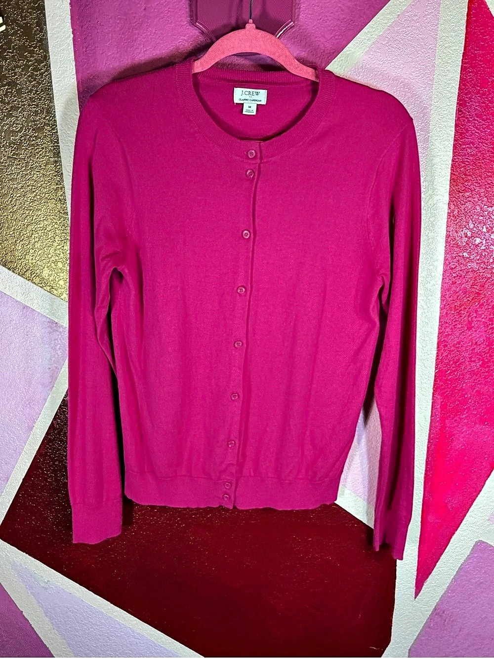 Crew Classic Cardigan Medium Magenta Pink Crewneck Button Front Preppy Layer